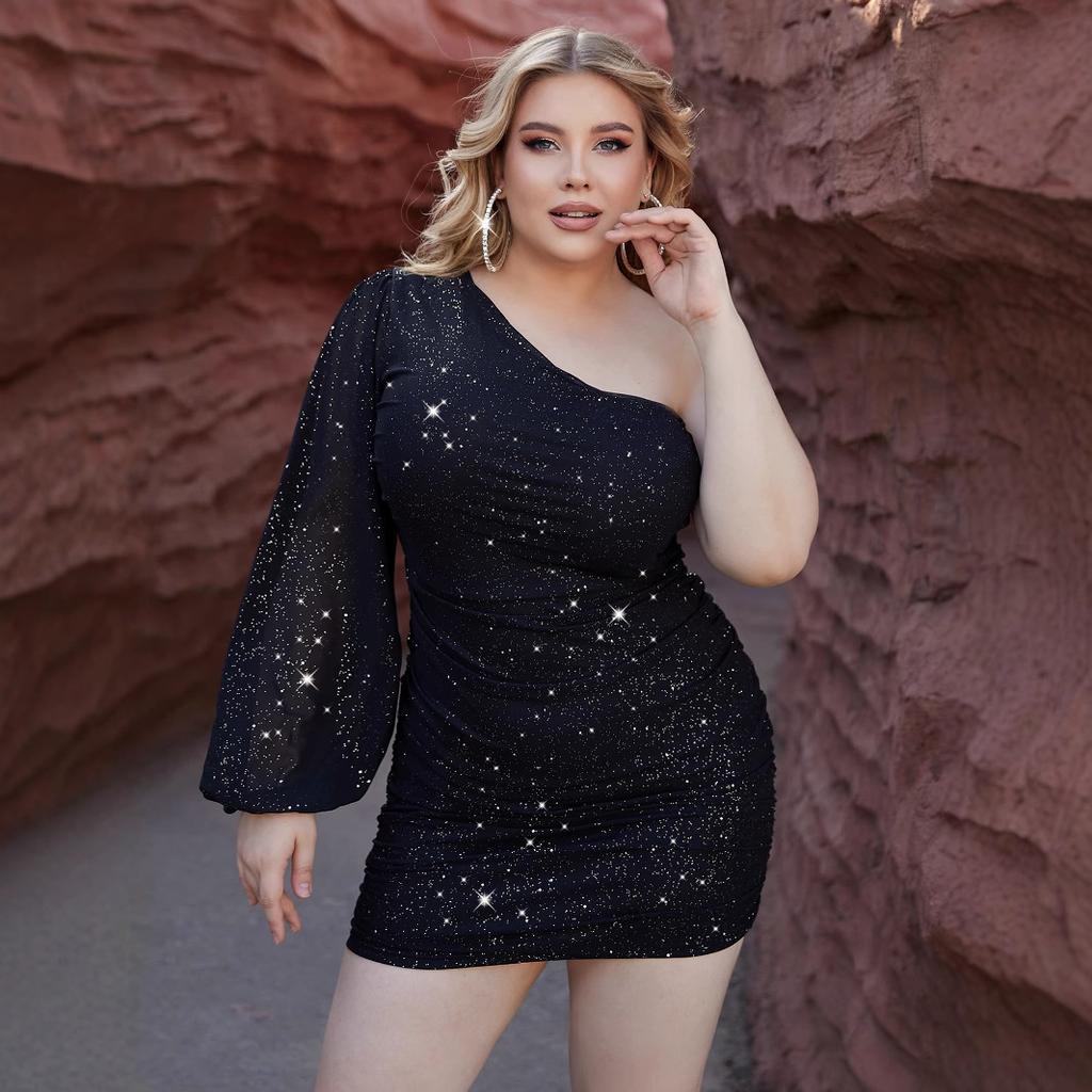 Hot-selling European and American Style Large Size Black Hip Skirt European and American Women's Clothing Single Piece Long-sleeved Party Dress