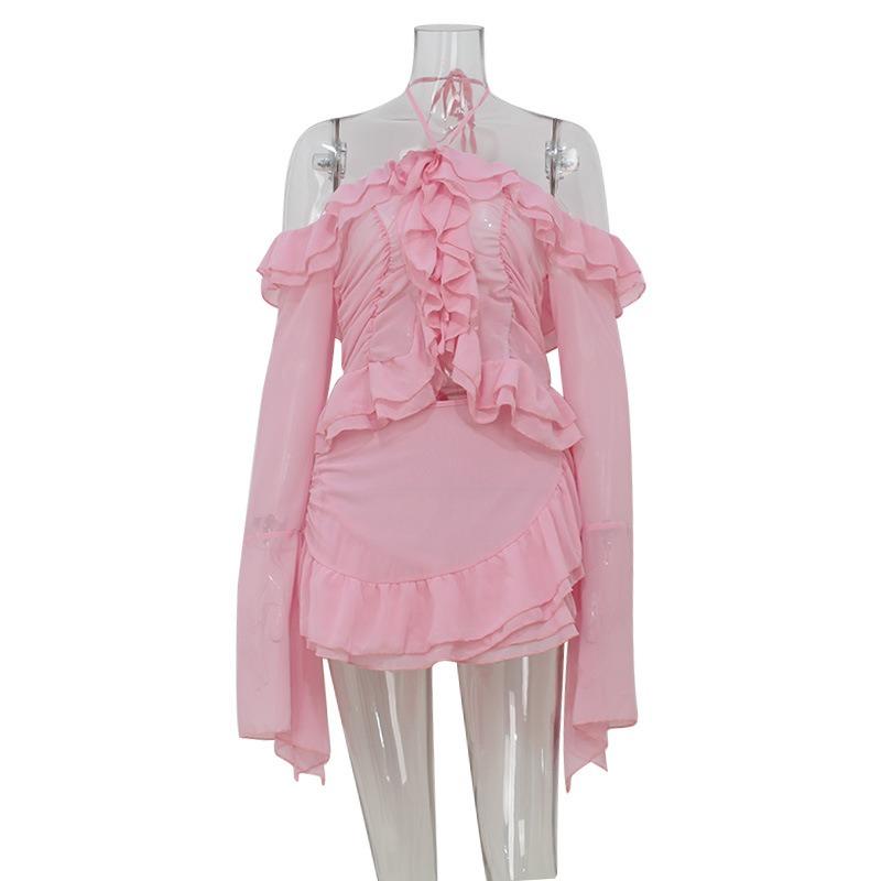 Damen Sommer Neue Mode Temperament Ausgestellte Ärmel Pilzkante Design Oberteil Kurzer Rock Set