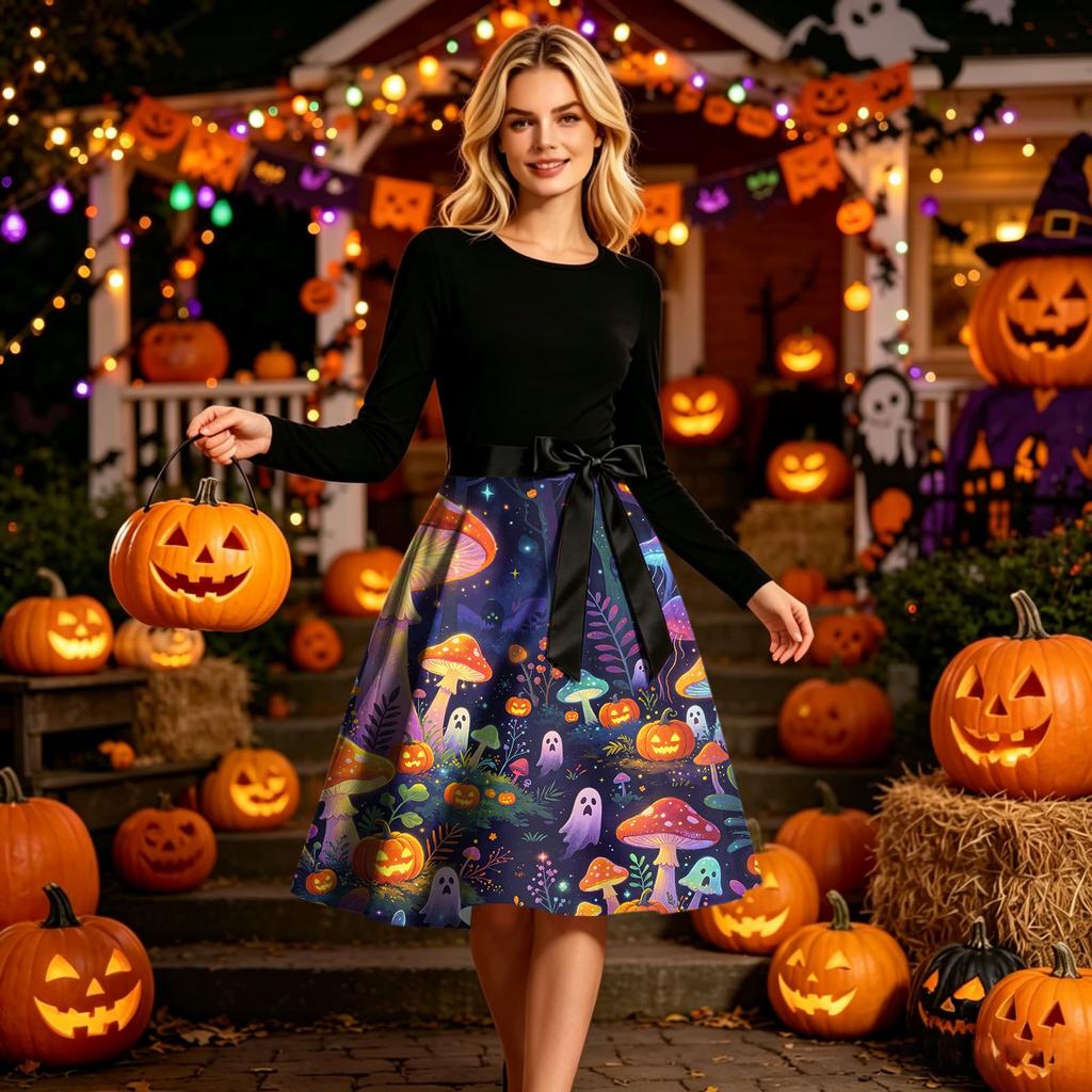 Women Round Neck Halloween Print Dress Long Sleeve Casual Style A Line Dress with Waist Tie for Holiday Party