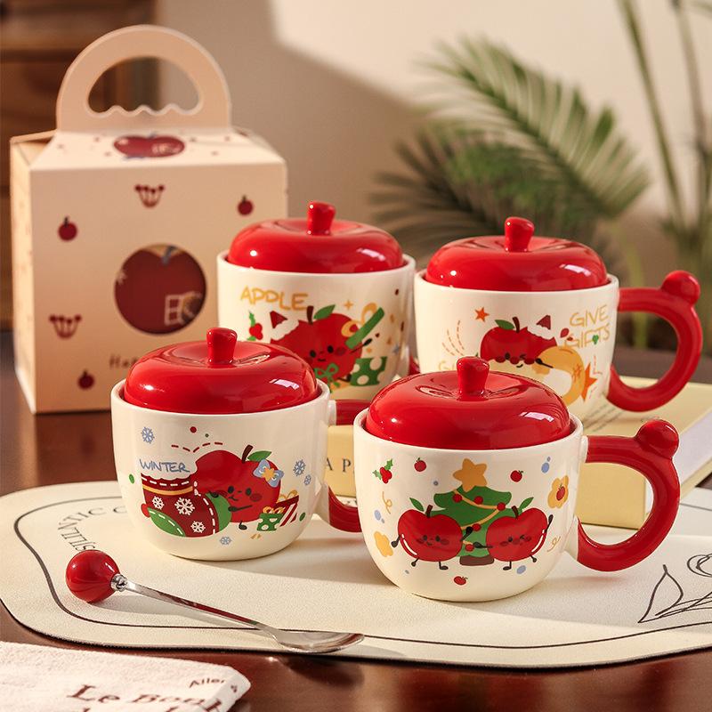 Apple High-value Water Cup Girls Ceramic Mug with Lid Christmas Coffee Breakfast Cup Birthday Gift Souvenir