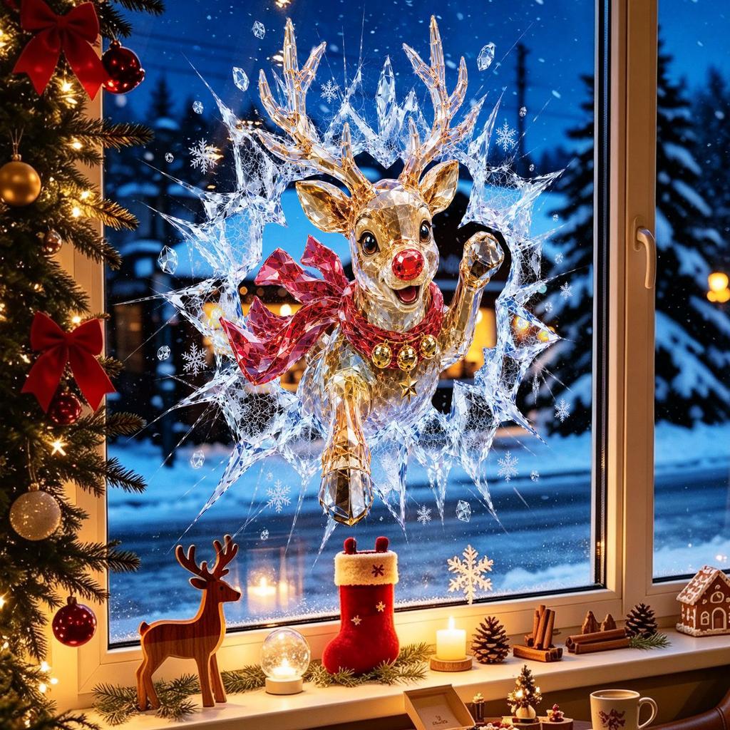 3D Crystal Reindeer Static Cling Window Sticker Christmas Decoration Removable No Residue Glass Storefront Decor