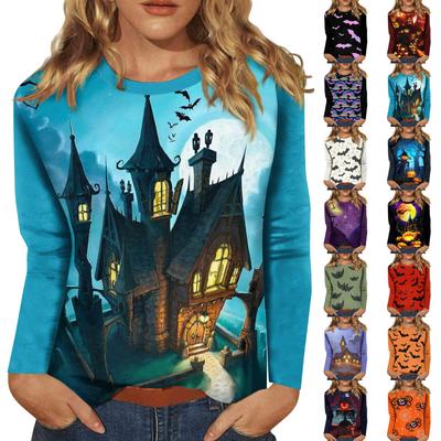 Women's Halloween Printed Round Neck Long Sleeved Loose Fitting Long Sleeved Casual Long Sleeved Top