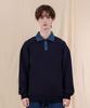 Ellamo French Terry Two-Button Denim Collar Oversized Sweatshirt [Navy]