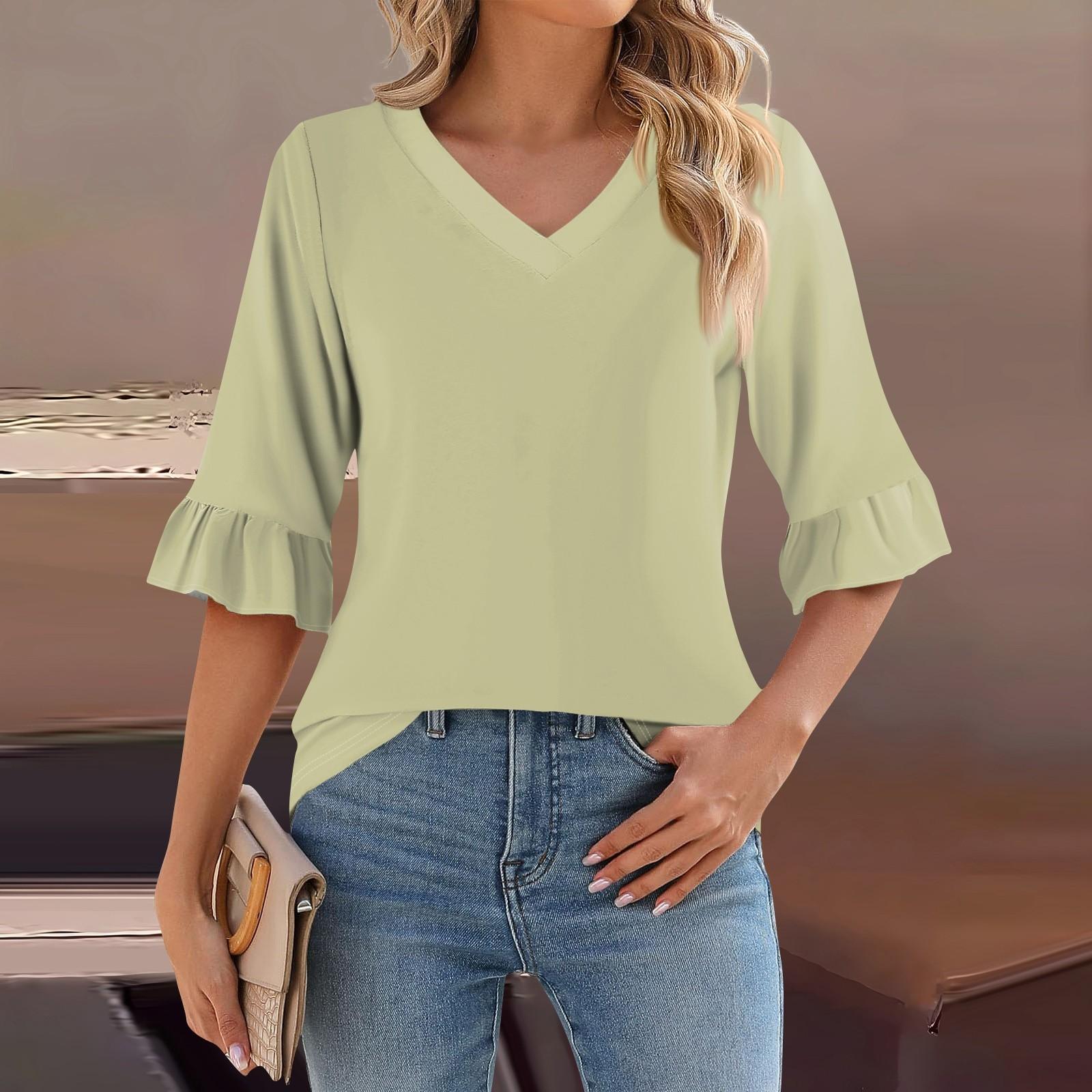 

Женский повседневный топ с рукавами 3/4, летняя футболка с v-образным вырезом и пышными рукавами L бежевый