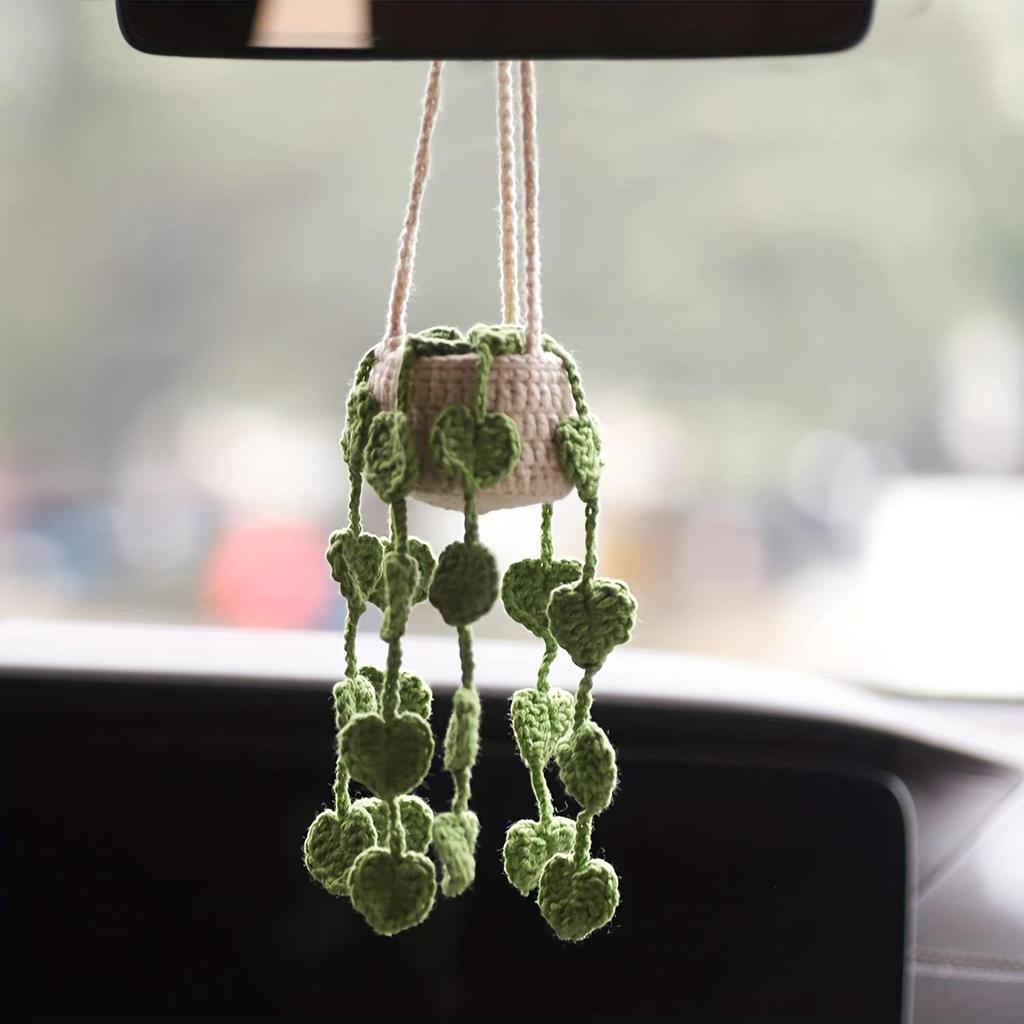 Závěsný košík s háčkovanými rostlinami do auta, závěsná rostlina do auta, doplňky do auta, ozdoba na auto, doplňky do zpětného zrcátka C