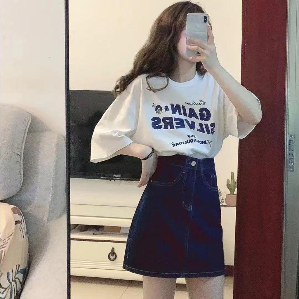 2026 Summer Trendy Dopamine Student Girls’ Cotton Short Sleeve Tee & Denim Skirt Set
