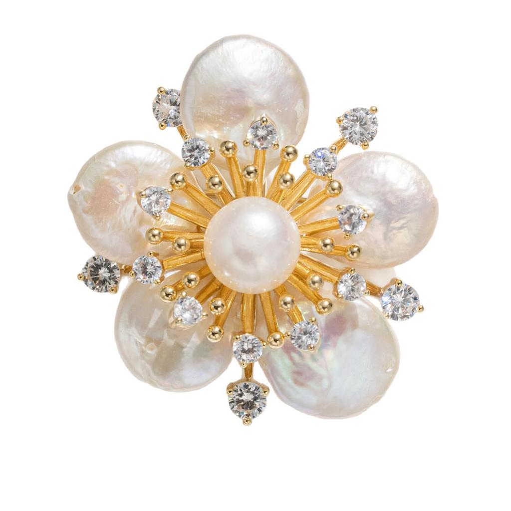 Elegant Silver Baroque Freshwater Pearl Five-Petal Flower Brooch Pin