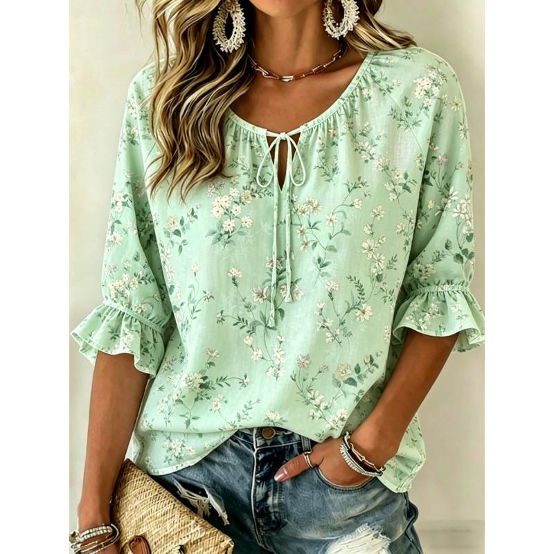 Women's Mint Green Floral Print Tie Neck Blouse, Casual Loose Tops for Spring Summer Daily Wear & Vacation Occasions