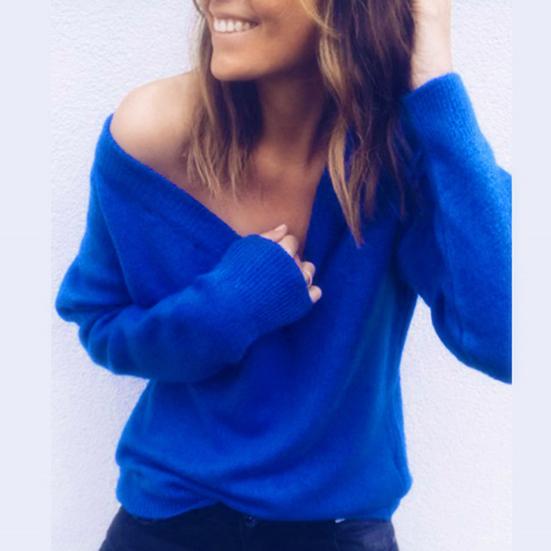 Winter Chic Lady Solid Color V Neck Long Sleeve Casual Pullover Knitted Blouse