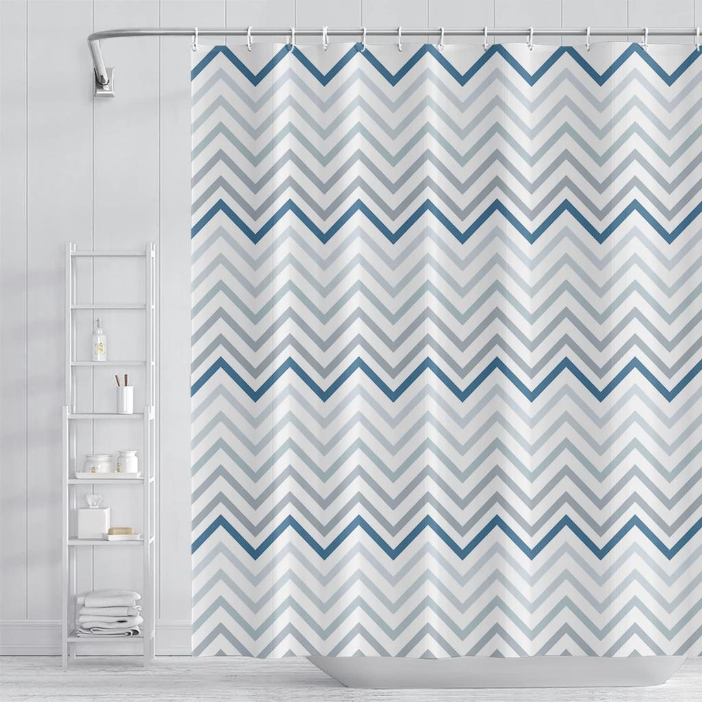 Striped Fabric Bathroom Shower Curtain-Modern Simple Polyester Waterproof Blue Grey Abstract Line Pattern With Hook