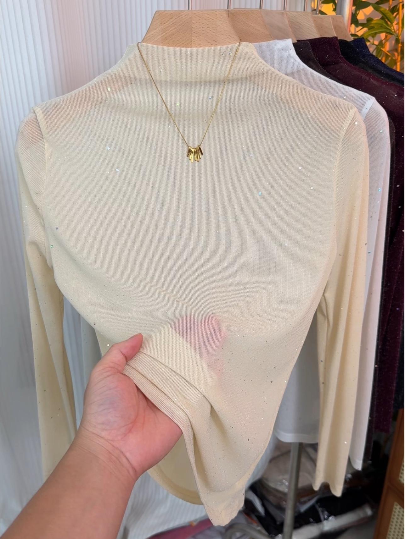 

Women s Korean Style Sequin Stand Collar Sun Protection Long Sleeve Top for Spring/Summer 2026 M [80-95 kg] абрикосовый/белый