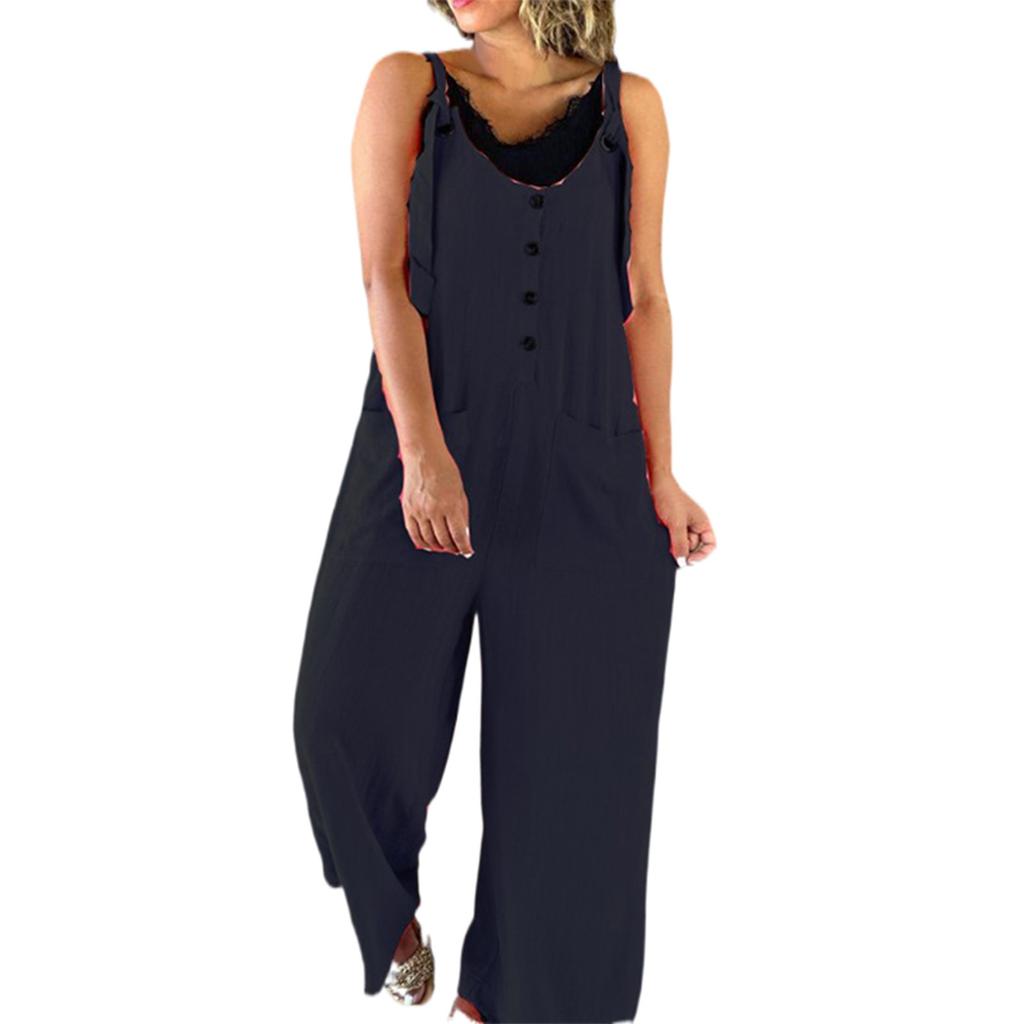 Dámský letní knoflíkový overal s velkými kapsami na zavazování, nastavitelný, jednobarevný, z bavlny a konopí