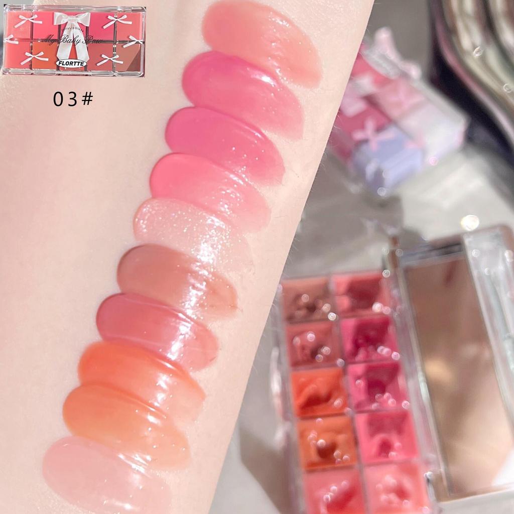 FLORTTE 10-Color Lip Palette Multifunctional Lip Gloss & Lipstick Moisturizing Pigmented Easy to Apply for Glossy Lips
