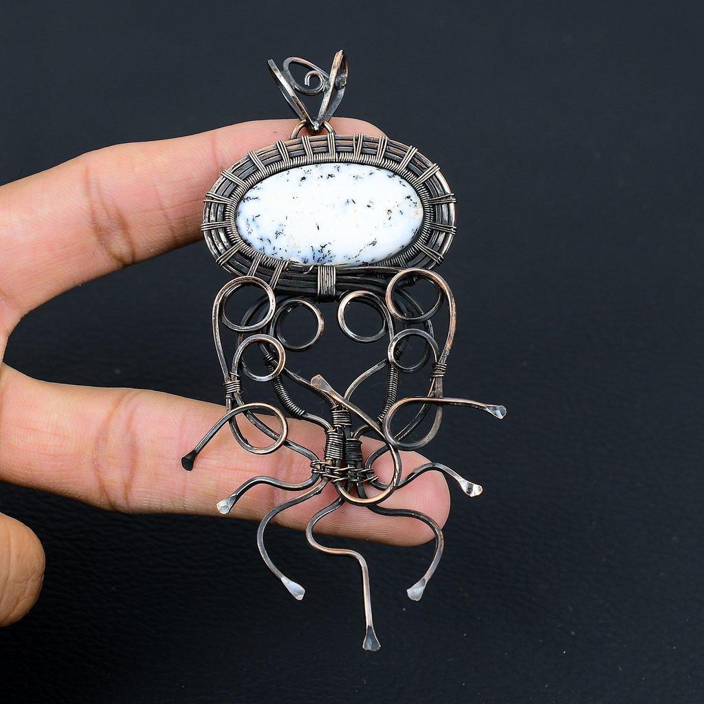 Dendriten-Opal-Edelstein, Kupferdraht, handgefertigt, Designer-Anhänger, Schmuck, Geschenk