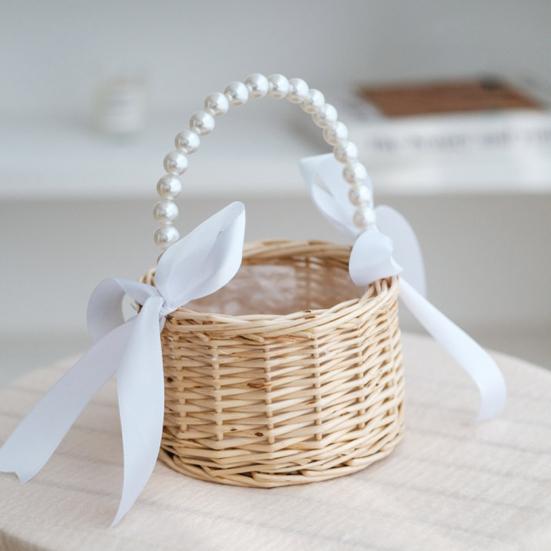 Korb aus Weide und Rattan, handgefertigt, Hochzeits-Blumenkorb mit Griff aus Kunstperlen, Korb für Blumenmädchen
