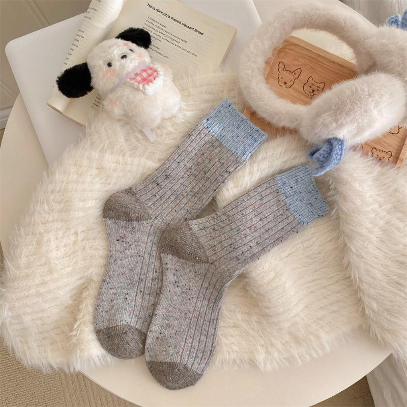 Female Spring and Autumn Thickened Warm Color Collision Wool Tube Pile Socks
