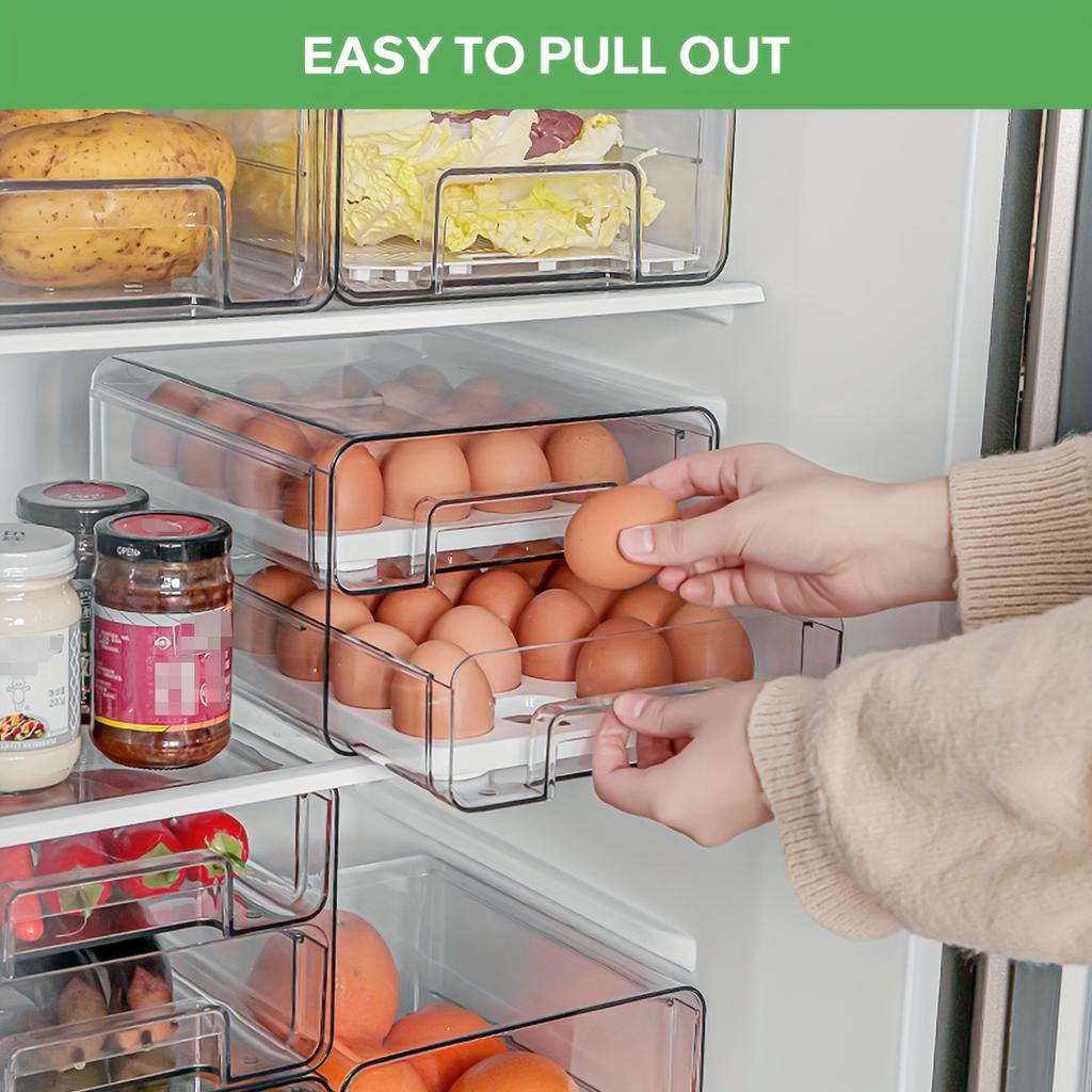 1pc Large Capacity Egg Holder for Refrigerator - Clear Double Layer Drawer Type  Box with Removable Egg Tray and Drain Tray