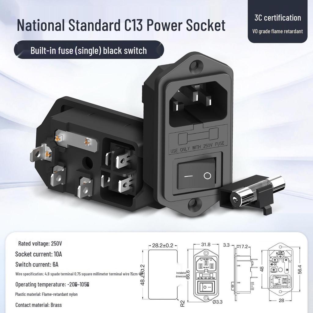 3-in-1 Type C Power Socket with Fuse, Switch, and 3-Pin Convex Surface, 10A/250V