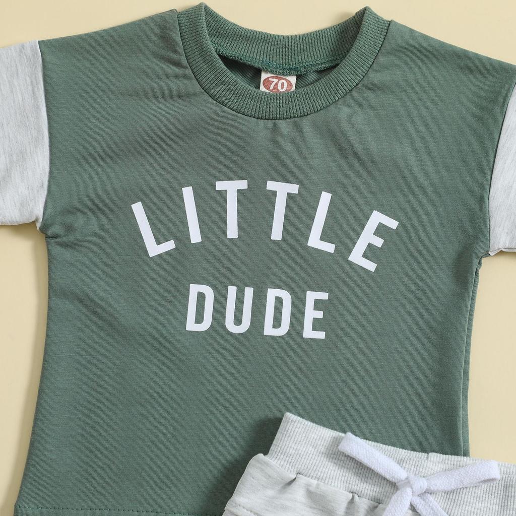 Summer Children's Wear Crewneck Letter-printed Top Solid Color Shorts Two-piece Set