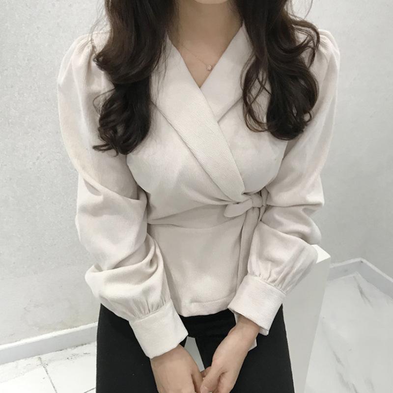 Korean chic autumn French retro suit collar side lace-up waist thin solid color bubble sleeve shirt top