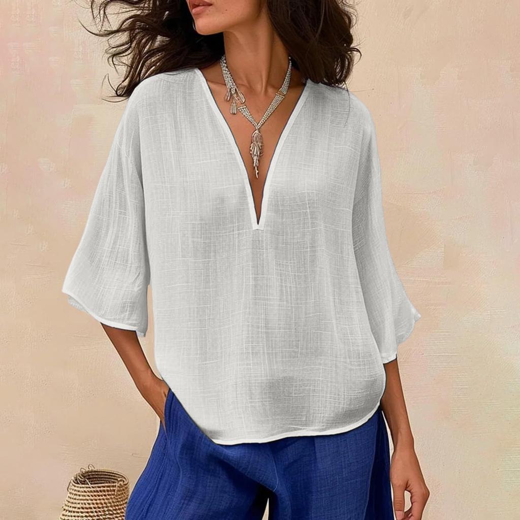 Women's Color Loose Casual Cotton Linen V-neck Fashionable Mid Sleeved Shirt Top