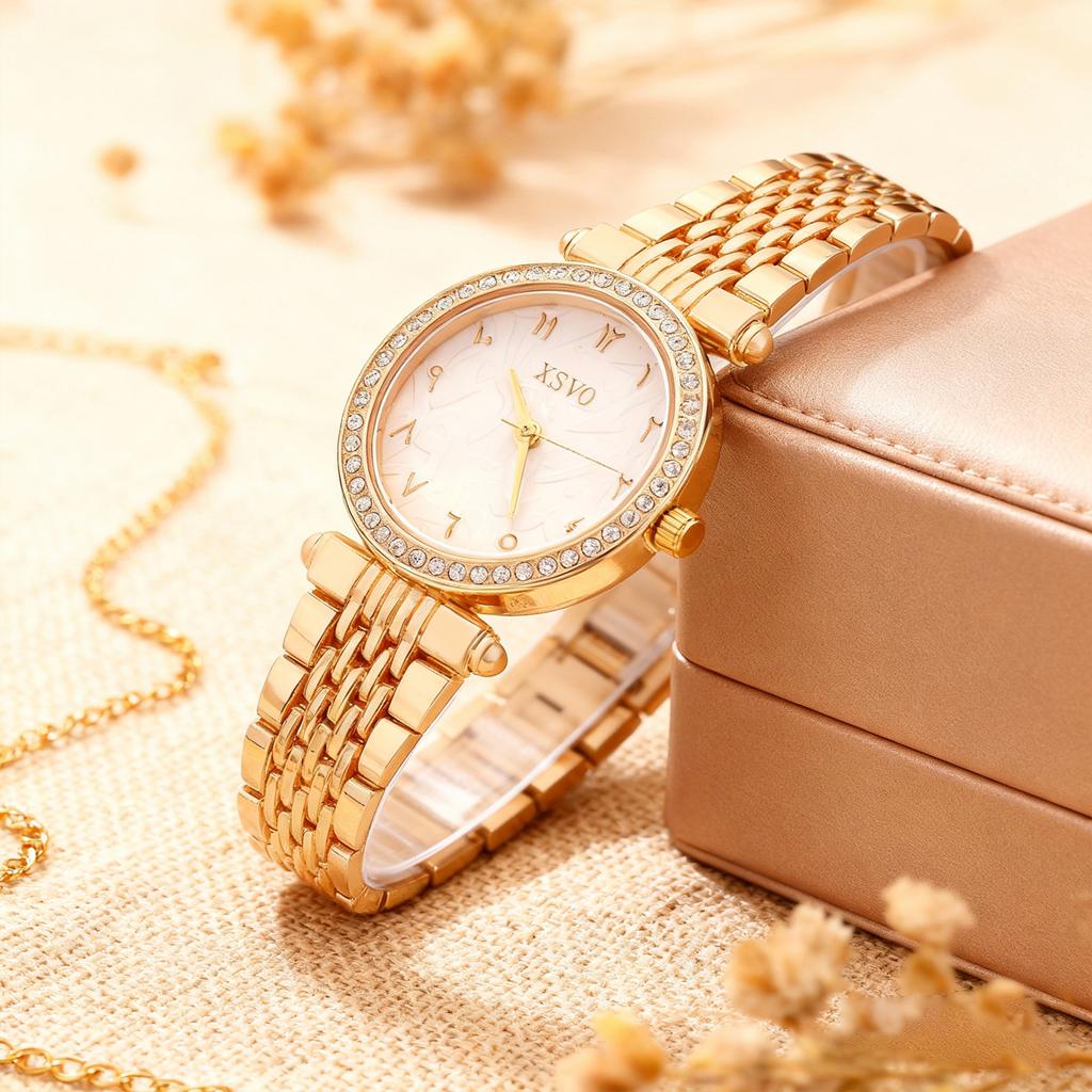 Fashionable and luxurious fashionable women's quartz watch round diamond-encrusted alloy material, suitable for daily wear and C
