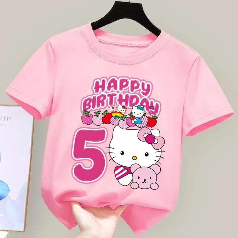 2026 New Hello Kitty Birthday Kids Short Sleeved Fashion Printed Boys and Girls Summer Clothes Short Sleeved Baby Cotton T-shirt 110