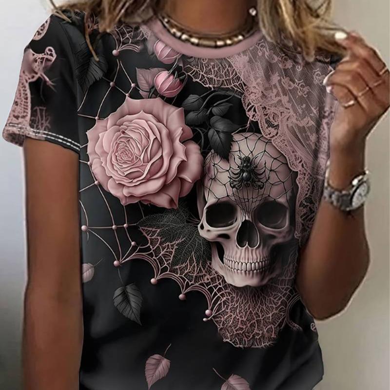 Modna Damska Seksowna Koszulka z Nadrukiem Czaszki i Ust Zabawna Codzienna Koszulka z Okrągłym Dekoltem i Krótkim Rękawem Letnia Damska Koszulka