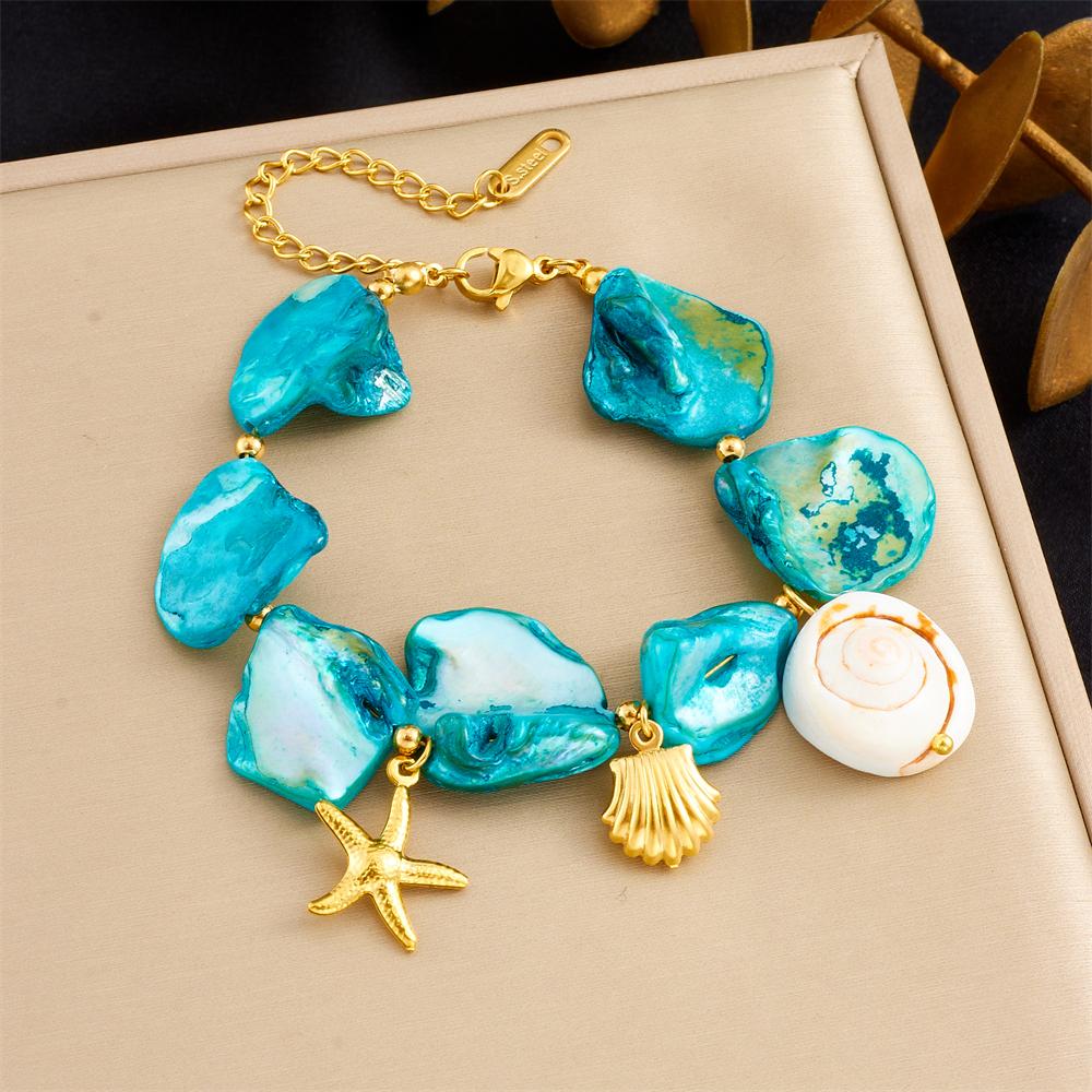 DIEYURO 316L Stainless Steel Starfish Irregular Blue Stone Conch Bracelet For Women Classic Wrist Chain Jewelry Party Gift