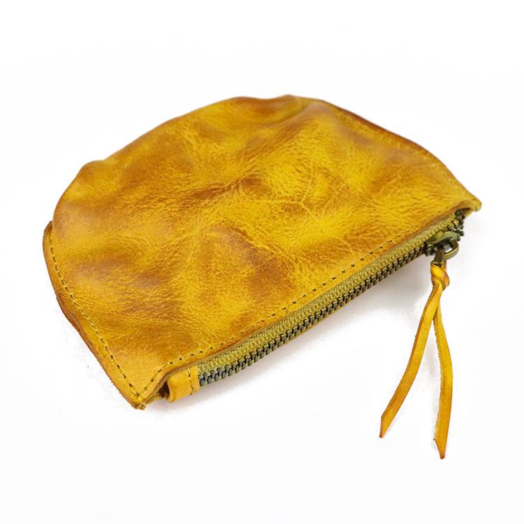 

New Top Layer Vegetable Tanned Cowhide Coin Purse, Headphone Bag, Women s Couple Style, Handmade Old Pleated Retro Japanese Wallet жёлтый