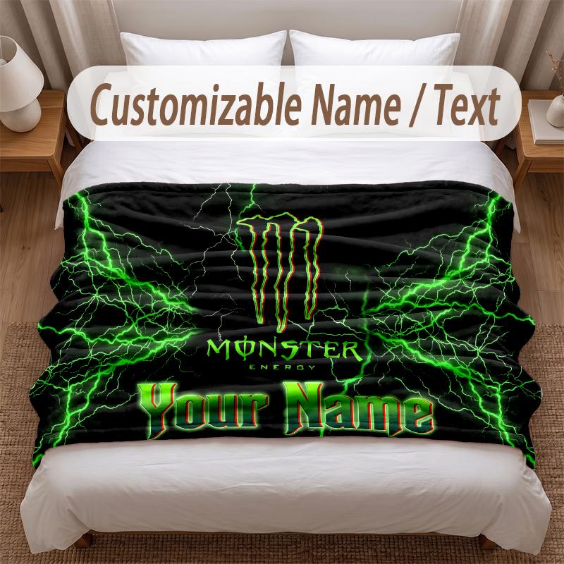 Monster Energy bedruckte Flanelldecke mit individuellem Namenstext, weich und warm, Überwurf für Schlafzimmer, Weihnachtsgeschenk