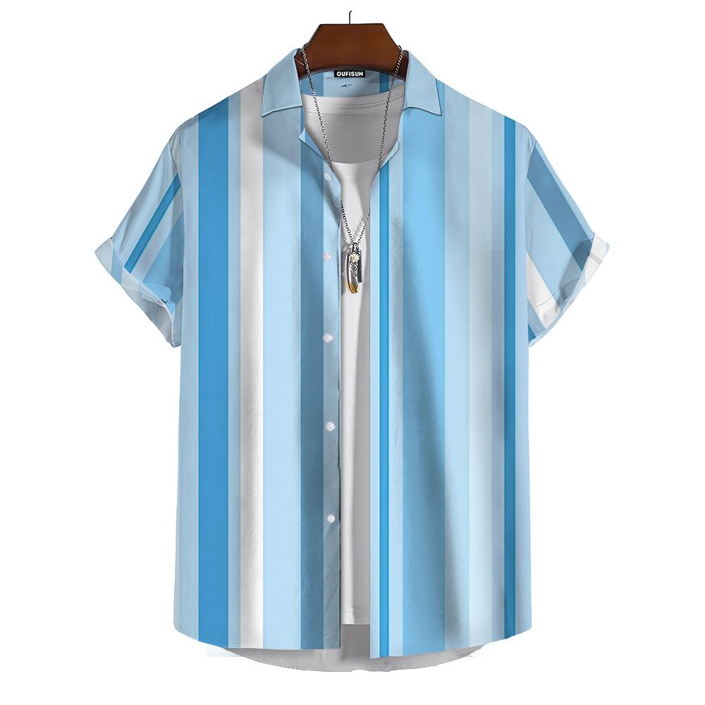 Summer Fashion Striped Print Men's Printed Short Sleeve Shirt Street Daily Business Casual Men's Shirt Oversized Tops