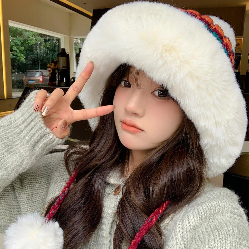Autumn and Winter New Wool Hat Women's Warm Ear Protection Windproof Big Head Circumference Piled Thickened Hairball Knitted Hat