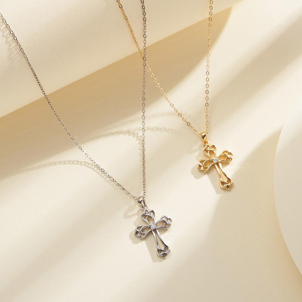 Zircon Cross Pendant Necklace for Women 925 Sterling Silver Collars Choker Christian Classic Chic Jewelry