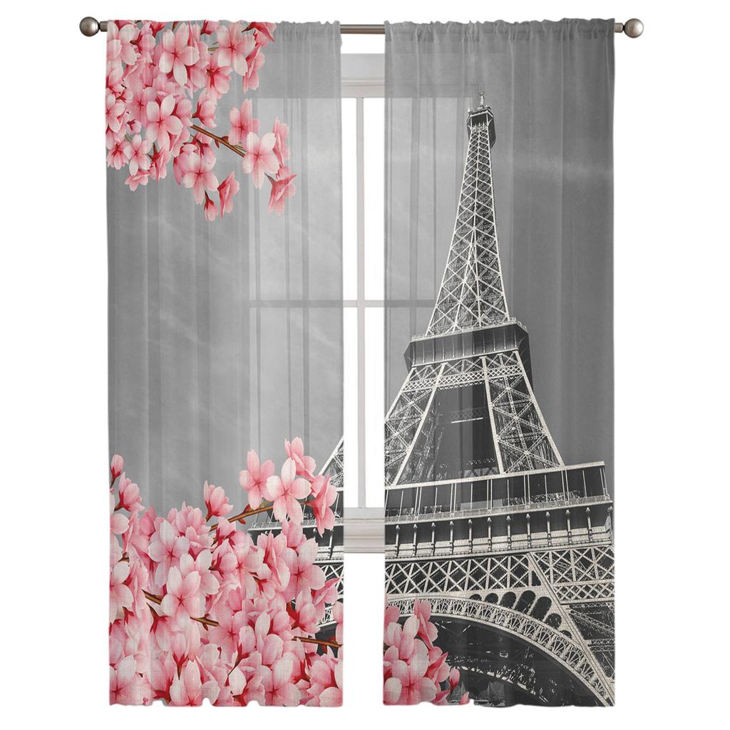 Cherry Blossom Paris Tower Curtain For Living Room Transparent Tulle Curtains Window Sheer For The Bedroom Accessories Decor