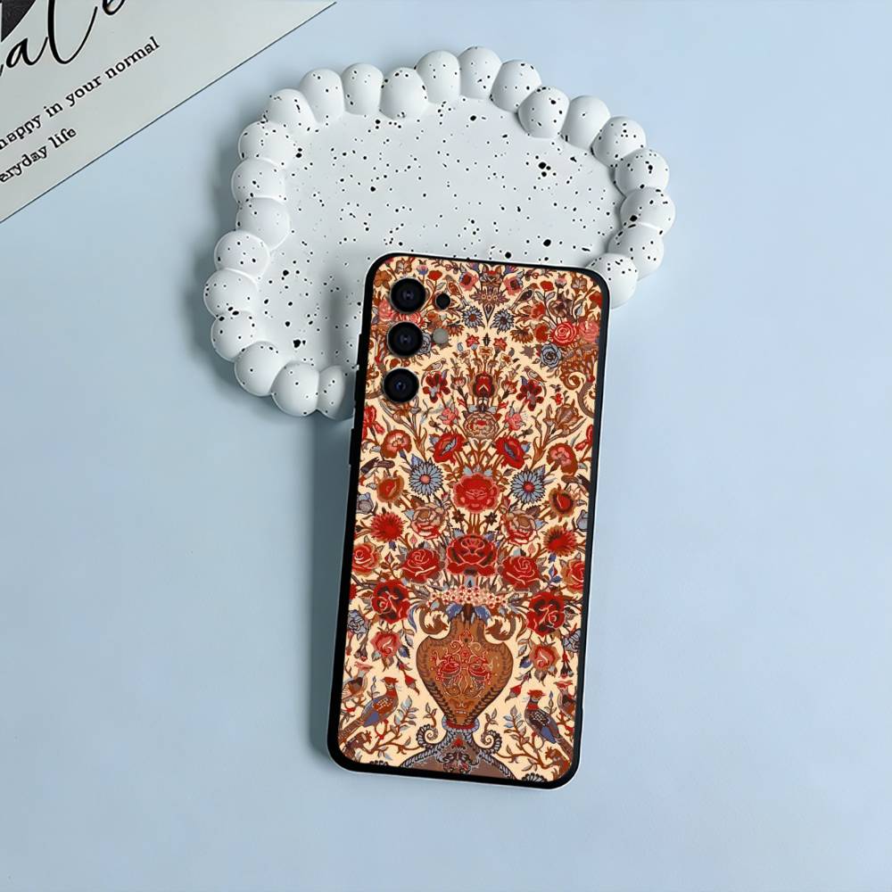 Persian Carpet Floral Pattern Black Soft Silicone Phone Case for Samsung S25, S24, S21, S22, S23, S30, Ultra, S20, Plus, Lite