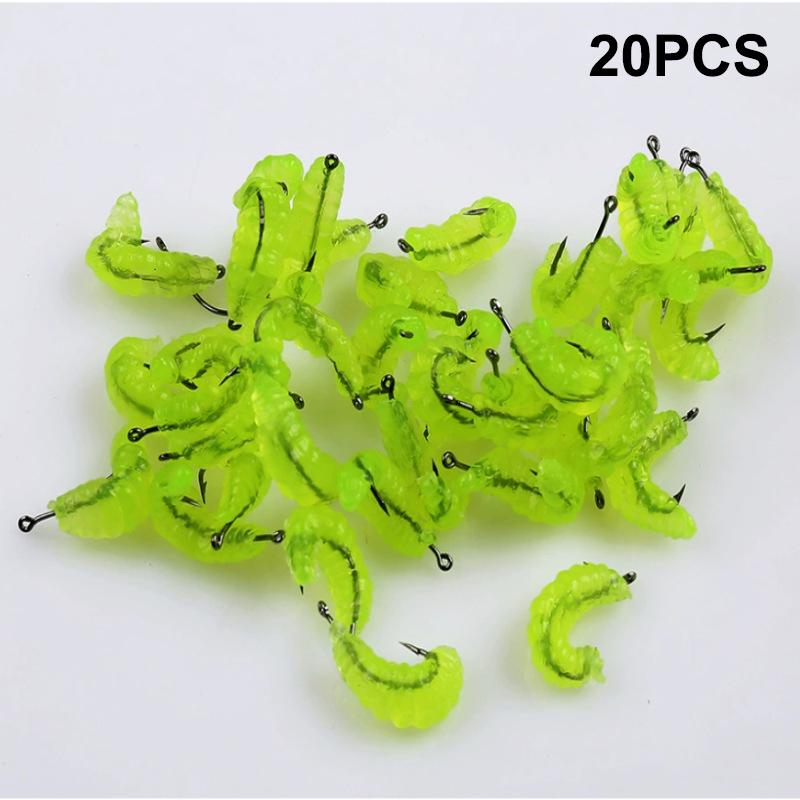 20Pcs Grub Lures Rubber Bread Worm Maggots Fishing Bait Set With Hooks For Bass Trout Crappie Bluegill Freshwater Fishing Parts
