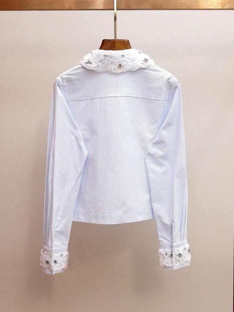 High-End Women's Girly Sweet Lace Beaded Doll Collar Striped Shirt - Spring New Arrivals