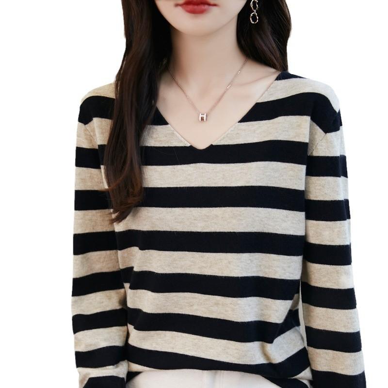 Autumn and Winter Women's Striped Long-sleeved V-neck Bottoming Pullover Loose Casual Knitwear