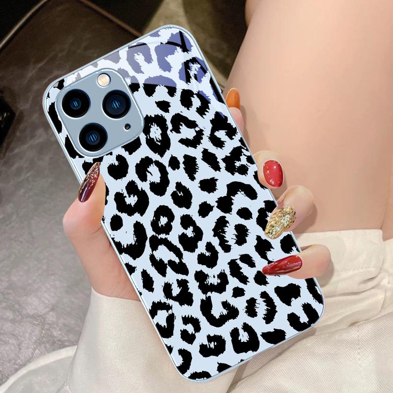 Green Tempered Glass Phone Case For IPhone 15 Pro 14 13 12 Mini 11 XS Max XR 7 8 Plu SE 2020 2022 Black Leopard Print Blue