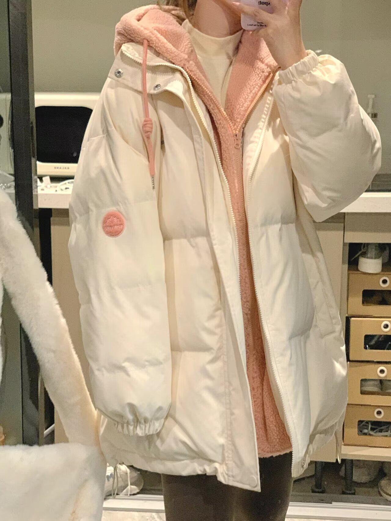 

2025 Unisex Hong Kong Style Winter Color Block Hooded Puffer Jacket L белый