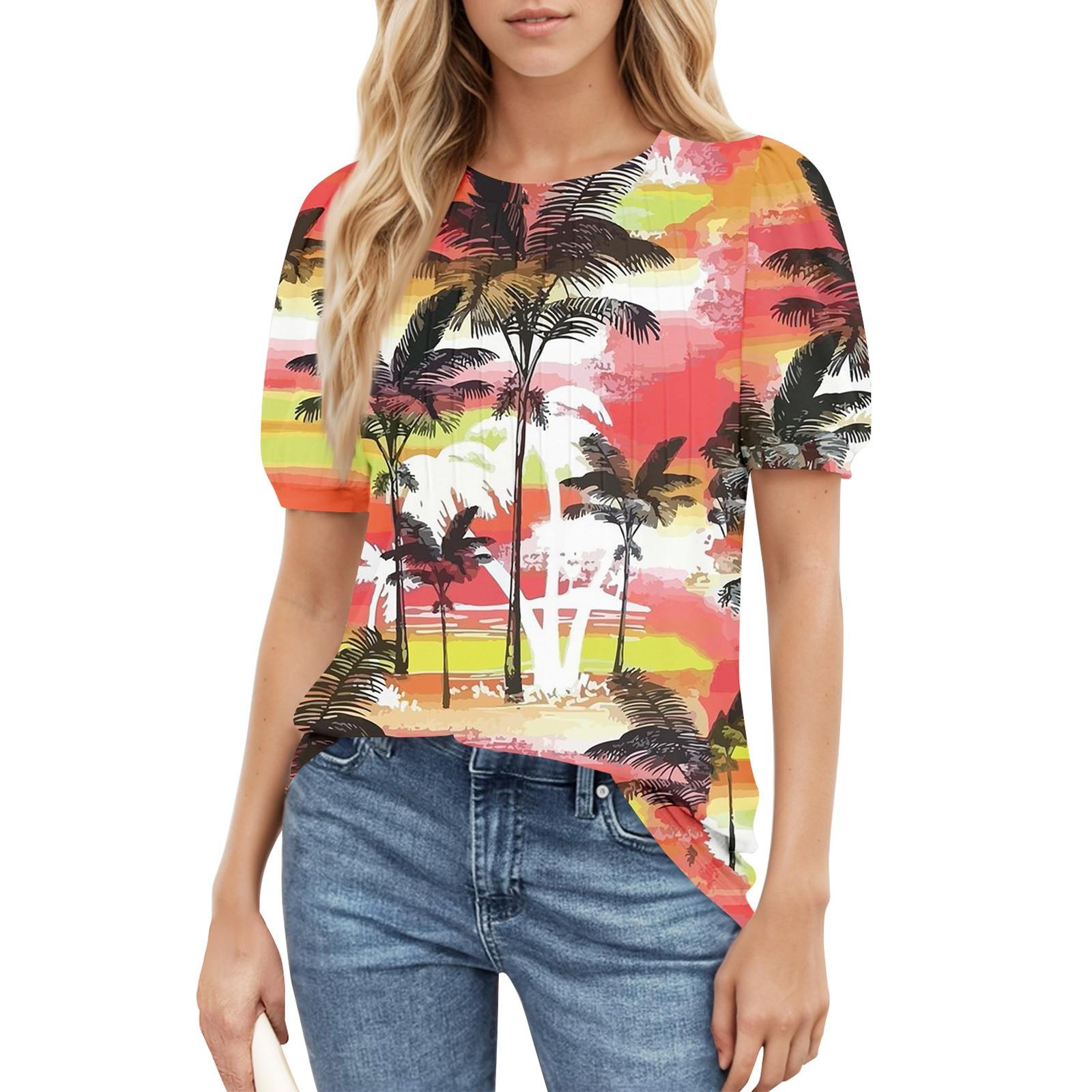 

Женский повседневный топ с круглым вырезом и коротким рукавом, с плиссировкой и расклешенными рукавами, с цветочным принтом M шафрановый