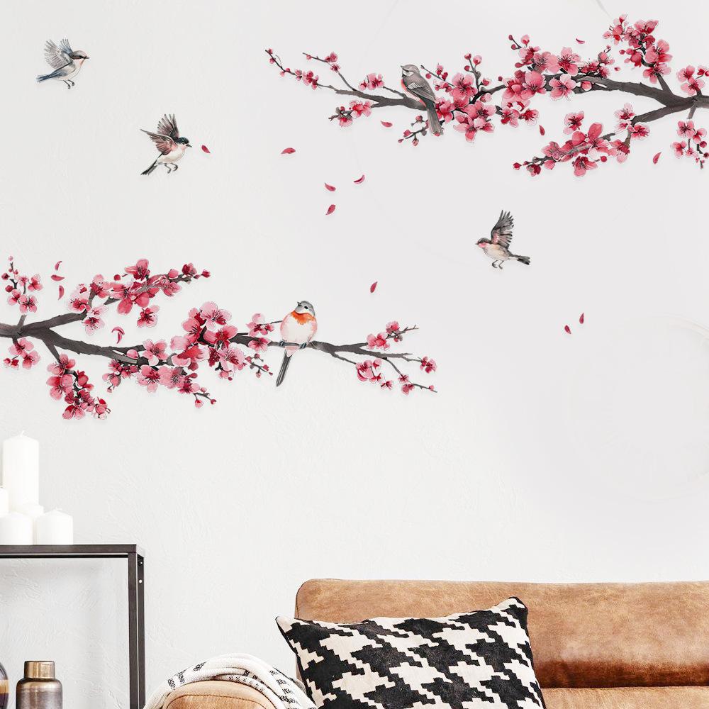 Removable Watercolor Tree Branches Peach Blossom Birds Wall Stickers Home Furnishings Bedrooms Living Rooms Background Walls