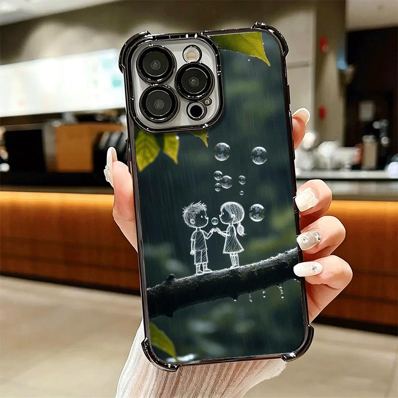 Nature Cute Child Painting Style Plating Phone Case For Iphone 16 17 Pro Max Air 16E 14 15 Plus 12 13 Mini Anti-Fall Airabag Cov