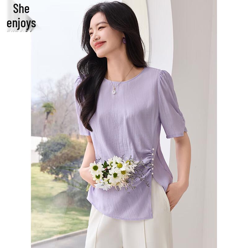 Women s Pleated Round Neck Short Sleeve Blouse M