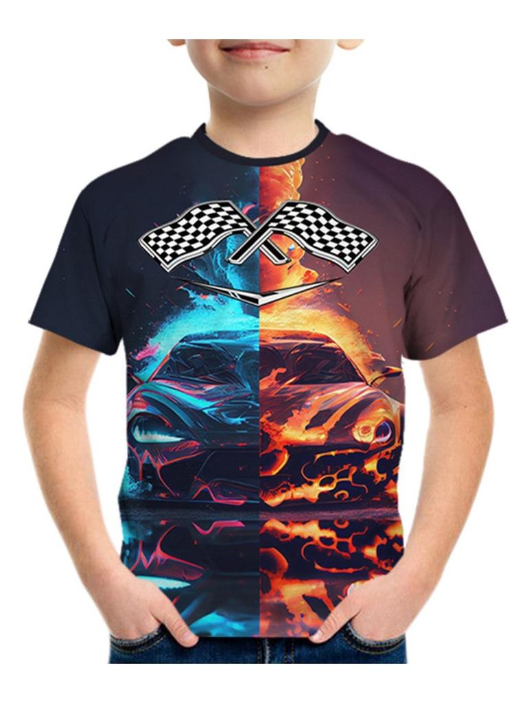 Summer Fashion Racing Car Pattern 3D Print Boys Creative T Shirt Casual Lightweight Short Sleeve Crew Neck Tee Tops