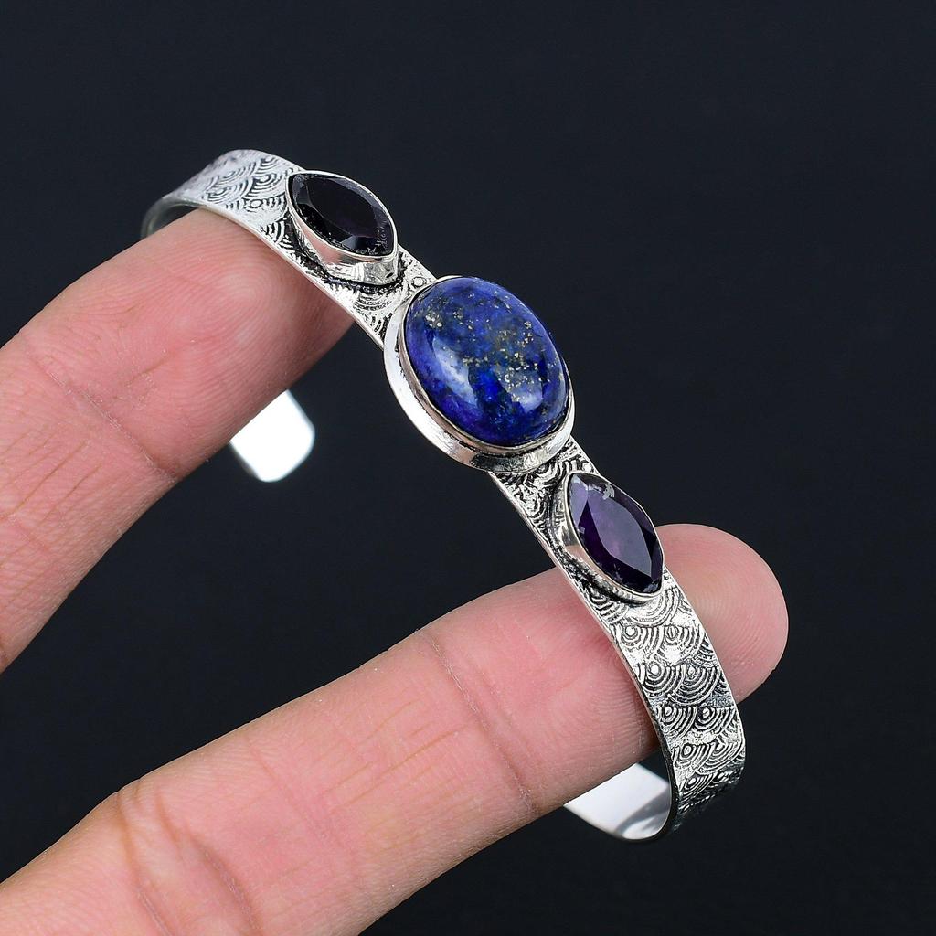 Anniversary Gift For Her Natural Lapis Lazuli Bangle Adjustable 925 Silver