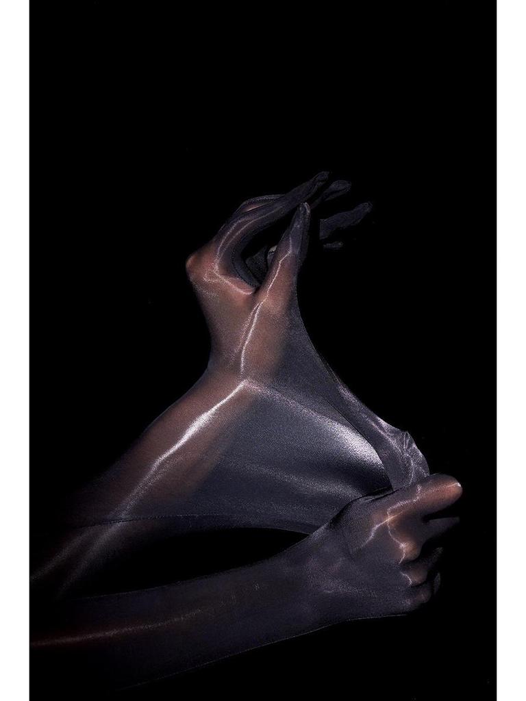 Confidential Black Glossy Silk Airplane Gloves - Unisex, Seamless, Five-Finger, Silky