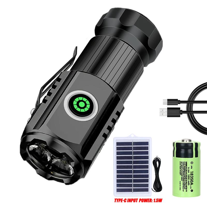 High Strong Power LED Flashlight  Mini Portable TYPE-C Rechargeable Lantern Solar Charging with Hat Clip Outdoor Camping Torch