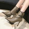 Autumn and Winter Vintage Fabric Splicing Pointed Side Zipper with Fine Heel Belt Buckle Fashion Short Boots for Women  34-40